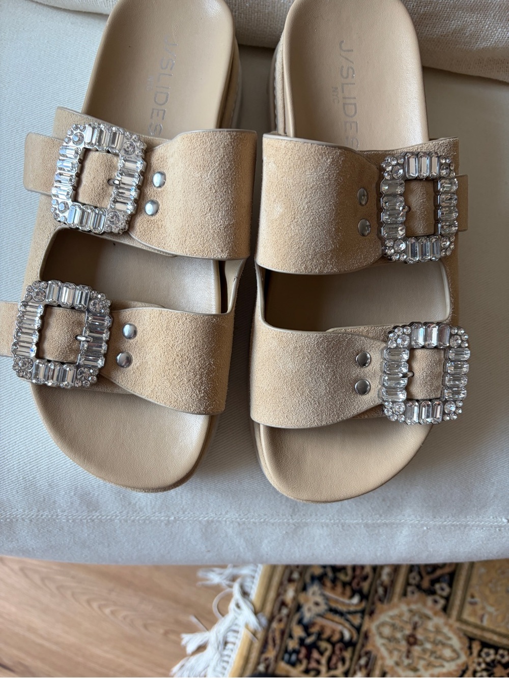 J/SLIDES Neutral Beige Suede Slide Sandals with Crystal Detail